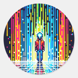 Digital Rain Cyberpunk Pixel Art Futuristic Design Runder Aufkleber