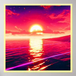 Digital Synthwave Sunset Sea Reflection Poster