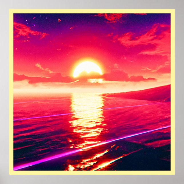 Digital Synthwave Sunset Sea Reflection Poster (Vorne)