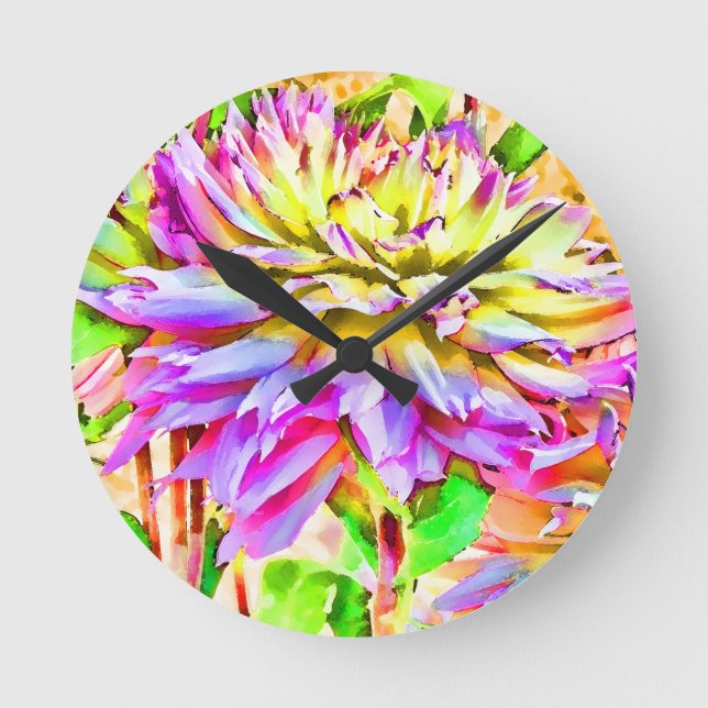 Digital Watercolor Dahlia Geschenk Runde Wanduhr (Vorderseite)