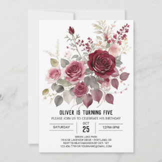 Digital Whimsy Burgundy Floral Geburtstag Einladung