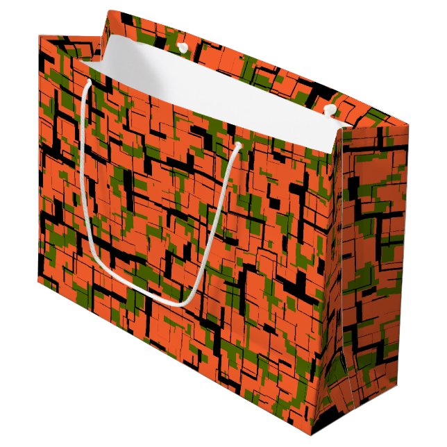 Digitale Camouflage Grün-Orangefarbenes Muster Große Geschenktüte (Vorderseite Schrägansicht)