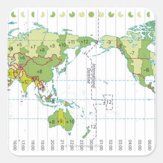 Digitale Darstellung der Weltkarte mit Zeitangabe Quadratischer Aufkleber (Vorderseite)
