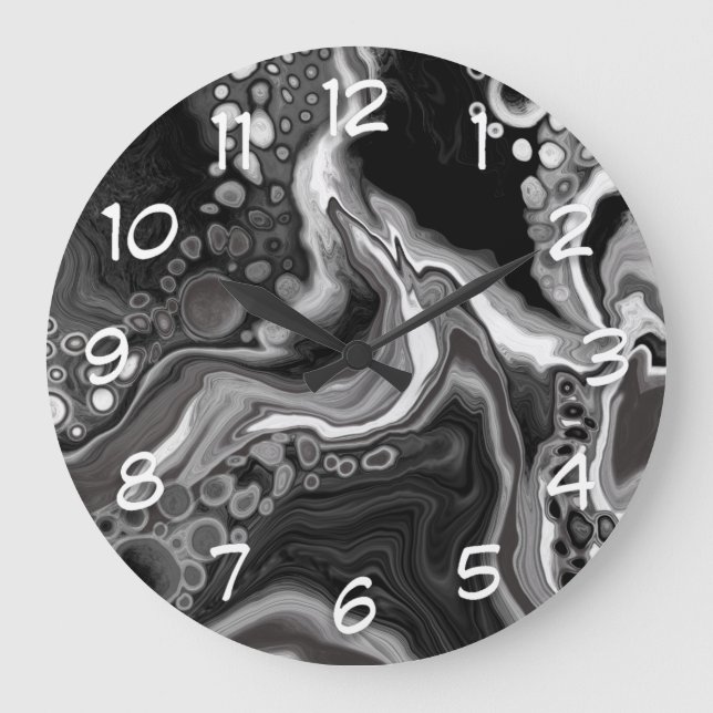 Digitale Fluid Art aus schwarzem und weißem Marmor Große Wanduhr (Vorderseite)