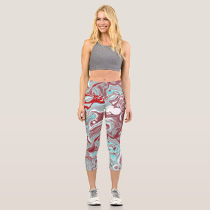 Digitale Fluid-Kunst aus aquamarinem und burgundy- Capri Leggings