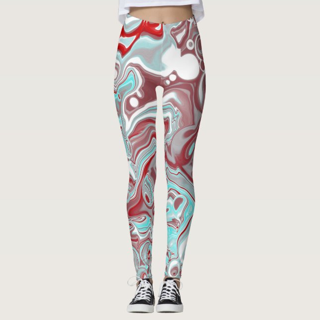 Digitale Fluid-Kunst aus aquamarinem und burgundy- Leggings (Vorderseite)