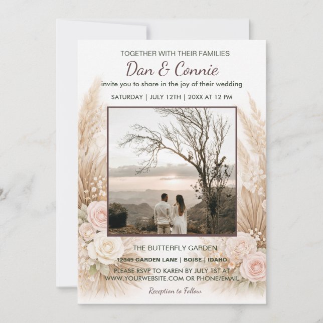 Digitale Hochzeitseinladung mit Blumenmuster zum D Einladung (Vorderseite)