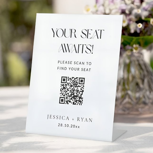 Digitale Hochzeitssitzordnung mit QR-Code-Schild Sockelschild (Digital Wedding Seating Chart with QR Code Sign)