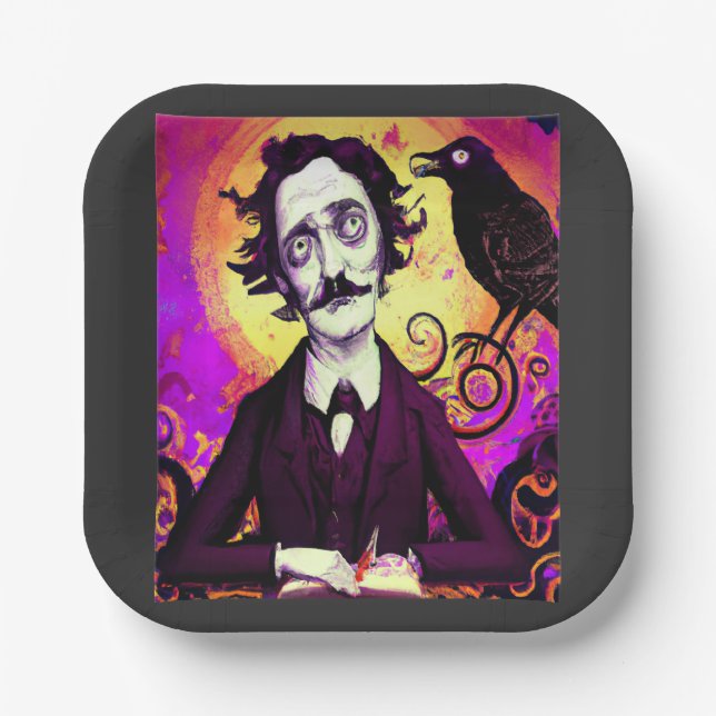 Digitale Kunst Vintag Edgar Allan Poe Raven Pappteller (Vorderseite)