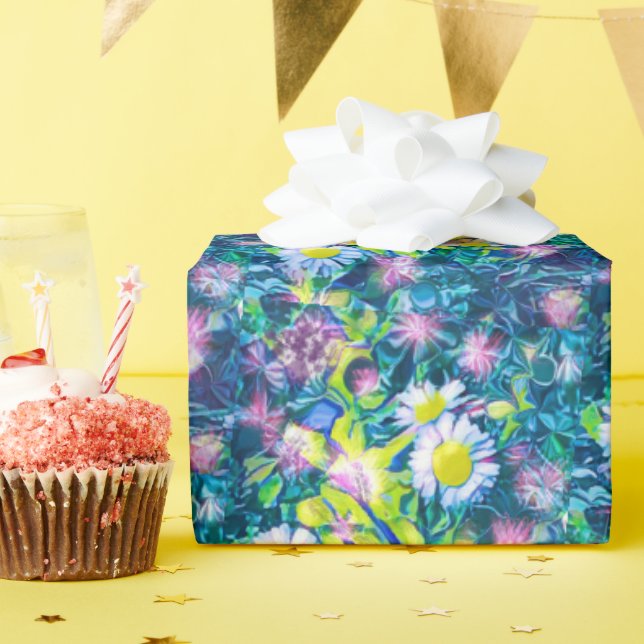 Digitale Natur Floral, Gänseblümchen-Blues Geschenkpapier (Geburtstagsparty)