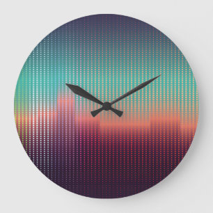 Digitale urbane Landschaft, farbenfrohe Quadrate. Große Wanduhr