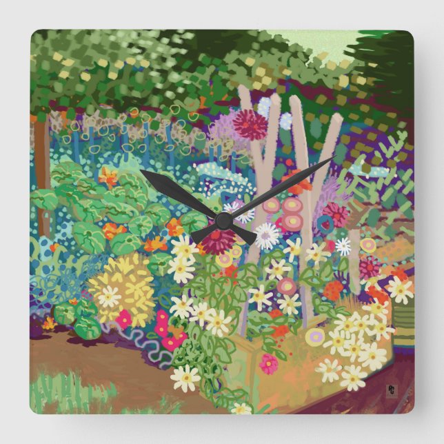 Digitaler Kunstdruck im Blumengarten Quadratische Wanduhr (Vorderseite)