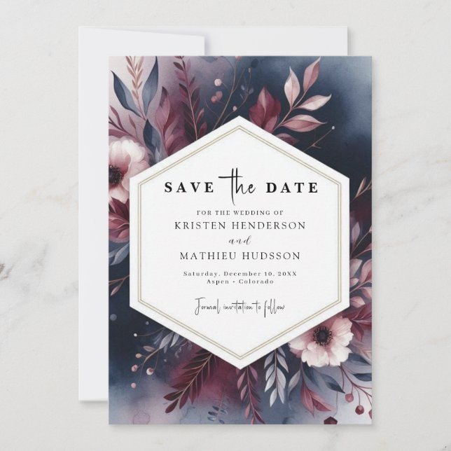 Digitales Burgund verzaubert Save The Date (Vorderseite)