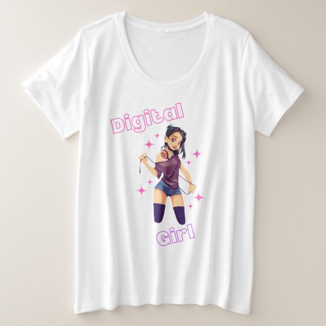 digitales Mädchen mit Sternen Große Größe T-Shirt (Design vorne)