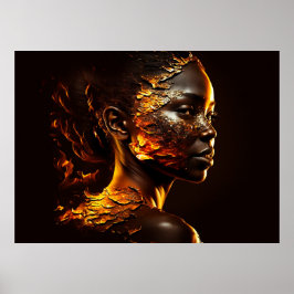 Digitales Portrait der Frau mit Gold und Feuer Poster