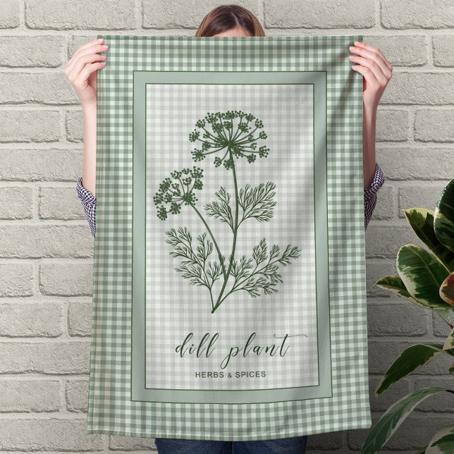Dill-Küchenhandtuch – grüne Gingham-Grenze Geschirrtuch (Dill Herb Kitchen Towel – Green Gingham Border)