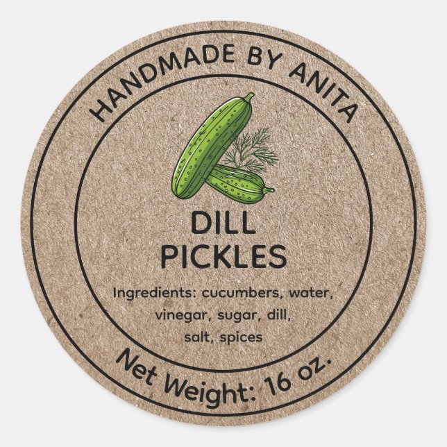Dill Pickles Cucumbers Jar Label Kraft Design Runder Aufkleber (Vorderseite)