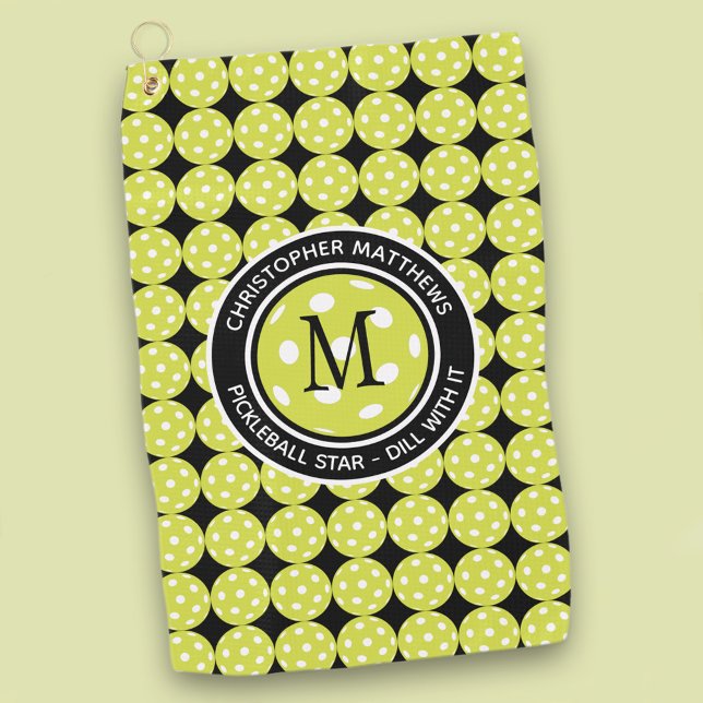Dill With It Pickleball Star Monogramm Golfhandtuch (Pickleball Sports Pro Funny Custom Quote & Name Golf Towel)