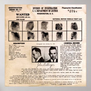 DILLINGER FINGERPRINT CLASSIFICATION CARD 1934 POSTER
