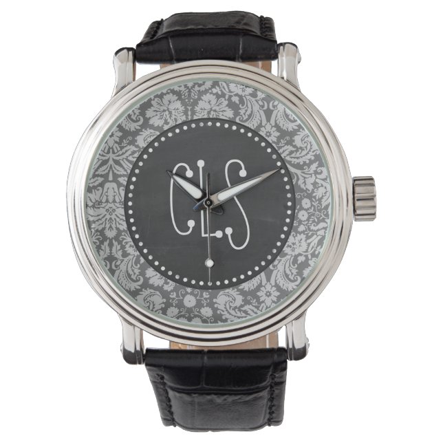 Dim Gray Damask; Retro-Khalkboard Armbanduhr (Vorderseite)