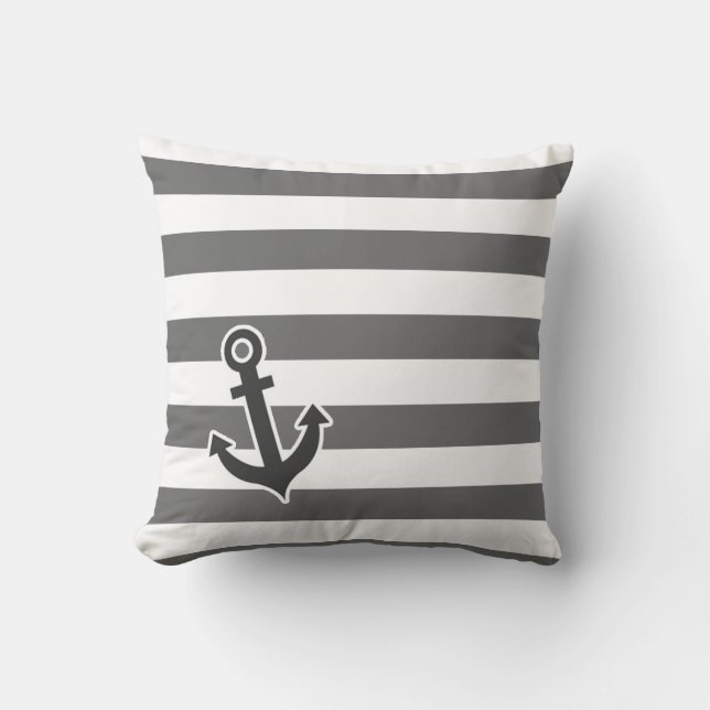 Dim Gray Horizontal Stripes; Nautical Anchor Kissen (Vorderseite)