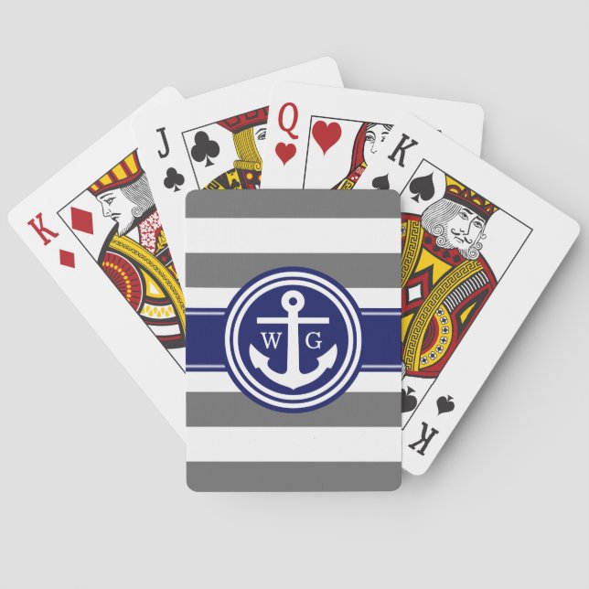 Dim Gray Navy Preppy Strip Anchor Monogram Spielkarten (Rückseite)