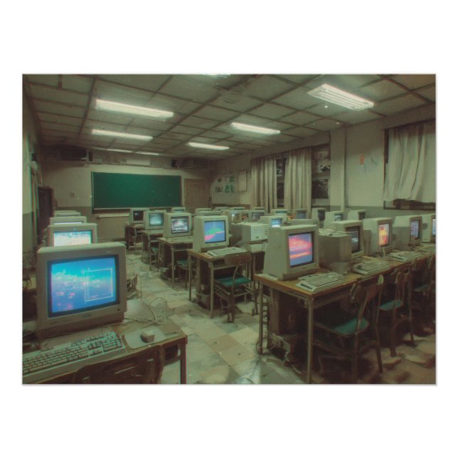 Dimly Lit Retro Computer Lab with CRT Screens Poster (Vorderseite)