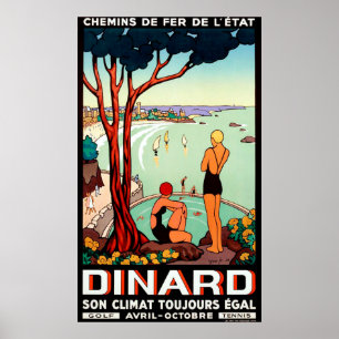Dinard-Küste, schwimmende Mädchen, Vintage-Reise Poster