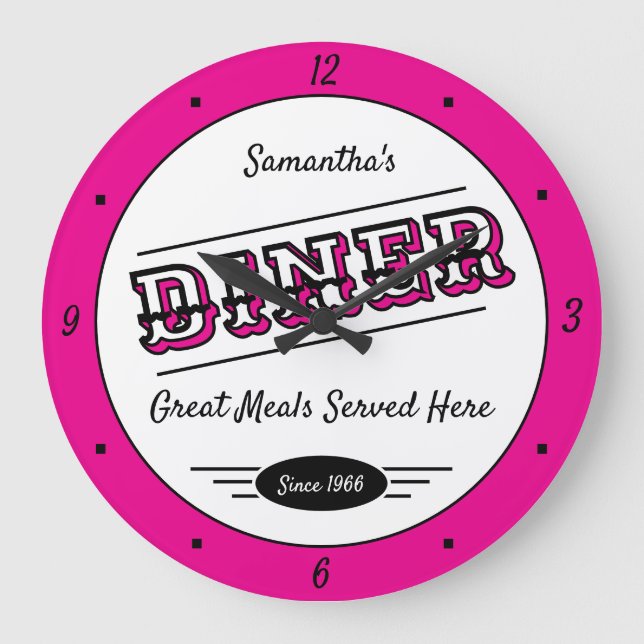 Diner Any Name Date Retro Hot Pink Black White Große Wanduhr (Vorderseite)