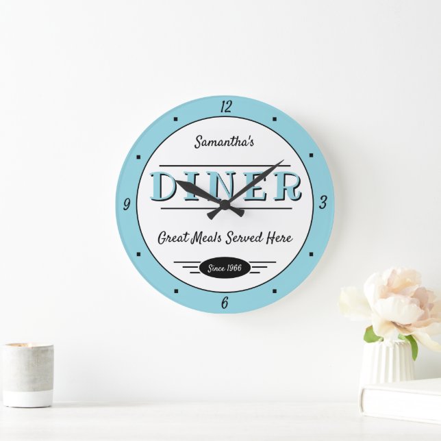 Diner Any Name Date Retro Robin Egg Blue Black Große Wanduhr (Zuhause)