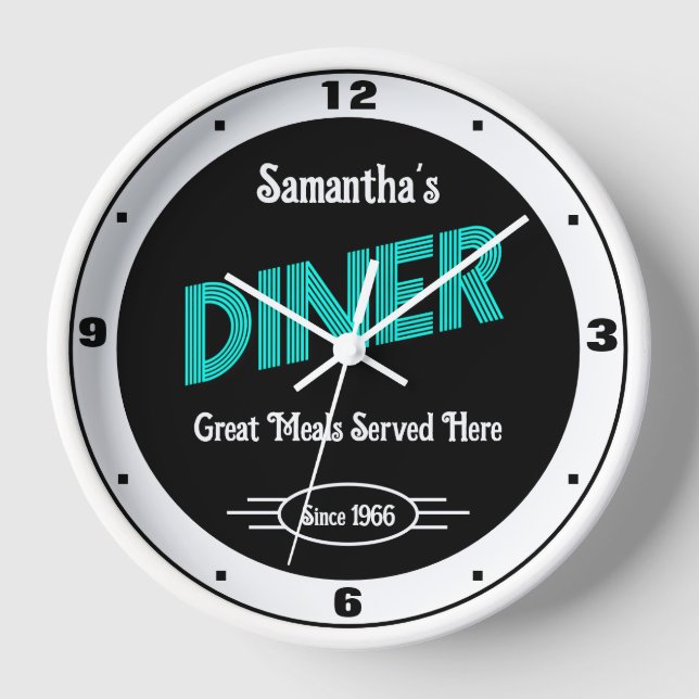 Diner beliebiger Name Stildatum Retro Türkis Weiß Uhr (Vorderseite)