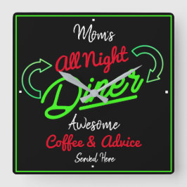 Diner Mama Name Neon Green Effect Red Black Funny Quadratische Wanduhr