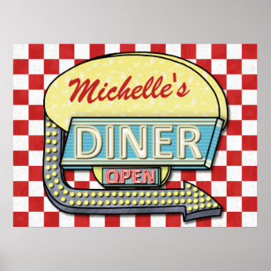 Diner Retro 50er Red Checkered   INDIVIDUELLE NAME Poster