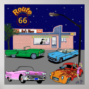 Diner Route 66 und Vintage Cars aus den 50er Jahre Poster