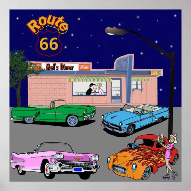 Diner Route 66 und Vintage Cars aus den 50er Jahre Poster (Vorne)