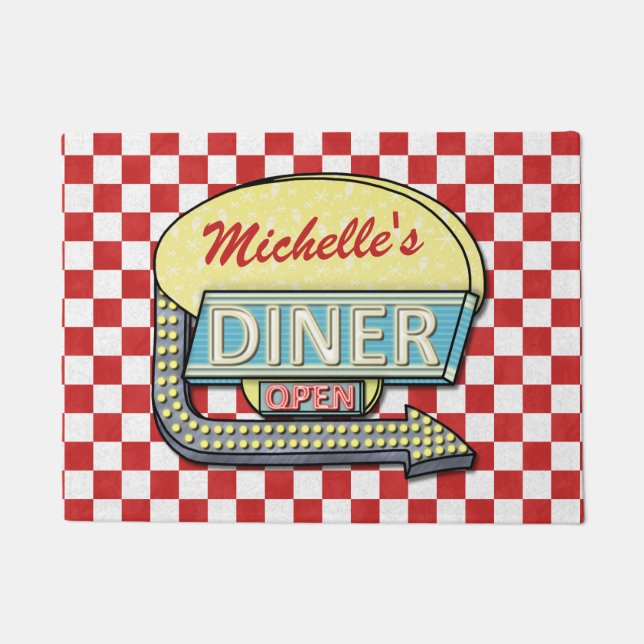 Diner Sign Retro 50er Red Checked| Individuelle Na Fußmatte (Vorderseite)