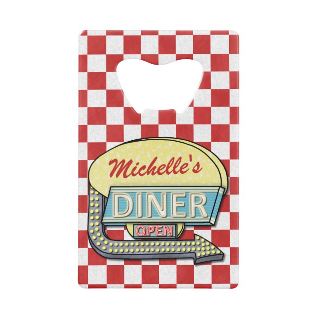 Diner Sign Retro 50er Red Checked| Individuelle Na Geldbeutel Flaschenöffner (Vorderseite)