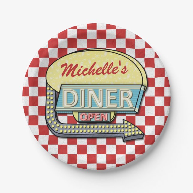 Diner Sign Retro 50er Red Checked| Individuelle Na Pappteller (Vorderseite)