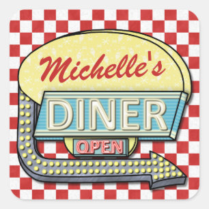 Diner Sign Retro 50er Red Checkered   INDIVIDUELLE Quadratischer Aufkleber