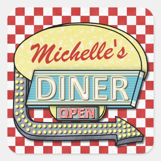 Diner Sign Retro 50er Red Checkered | INDIVIDUELLE Quadratischer Aufkleber (Vorderseite)