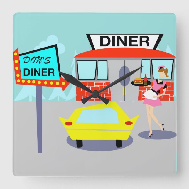 Diner Wall Clock der 50er Jahre Quadratische Wanduhr (Vorderseite)