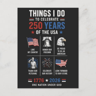 Dinge, die ich feiere 250 Jahre USA 1776 Postkarte