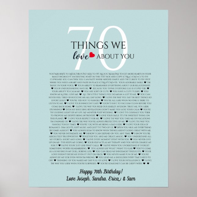 Dinge, die wir an dir lieben 70, 60, 50, Poster (Vorne)