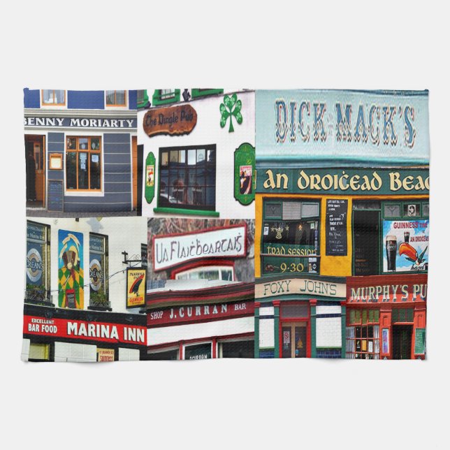 Dingle Pubs, Collage, Irish, Ireland, Teetücher Handtuch (Horizontal)