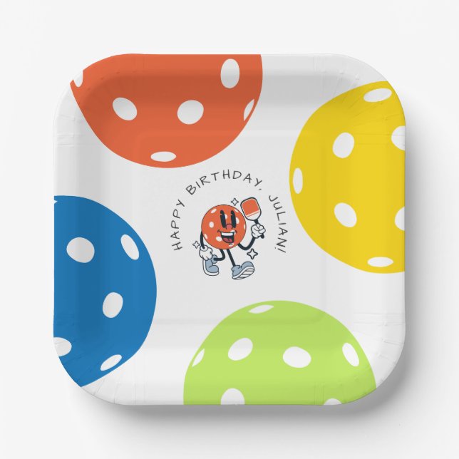 Dink Pickleball Party Sports Cartoon Mascot Paddel Pappteller (Vorderseite)