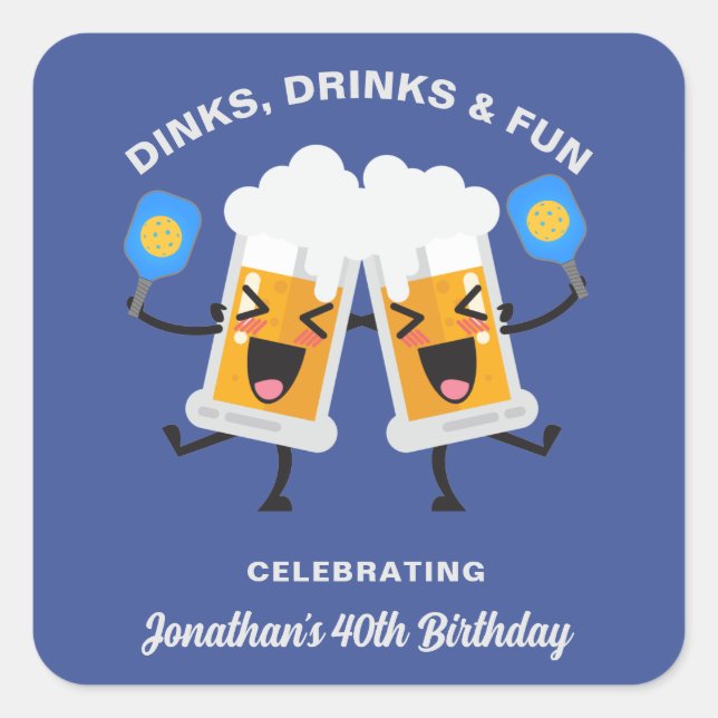 Dinks & Drinks Cartoon Bier Tasse Custom Picklebal Quadratischer Aufkleber (Vorderseite)