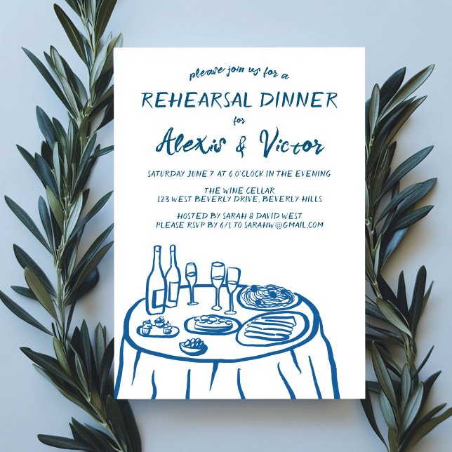 Dinner der Probe mit Whimsikhandzeichnung nach Maß Einladung (Whimsical Hand Drawn Rehearsal Dinner Table Custom Invitation
)