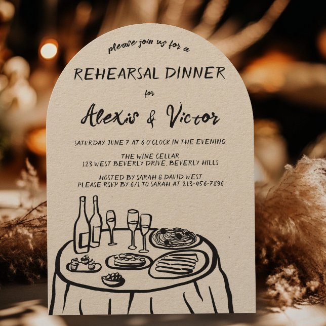 Dinner der Probe mit Whimsikhandzeichnung nach Maß Einladung (Whimsical Hand Drawn Rehearsal Dinner Table Custom Invitation
)