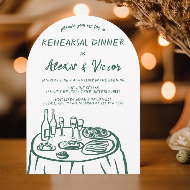 Dinner der Probe mit Whimsikhandzeichnung nach Maß Einladung (Whimsical Hand Drawn Rehearsal Dinner Table Custom Invitation
)