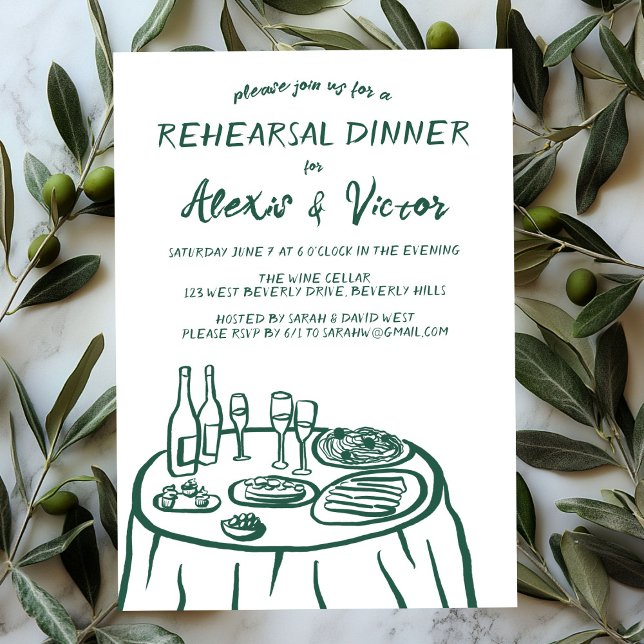 Dinner der Probe mit Whimsikhandzeichnung nach Maß Einladung (Whimsical Hand Drawn Rehearsal Dinner Table Custom Invitation
)